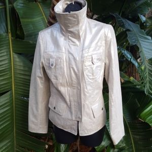 Funnel neck silver / champagne genuine leather Moto jacket